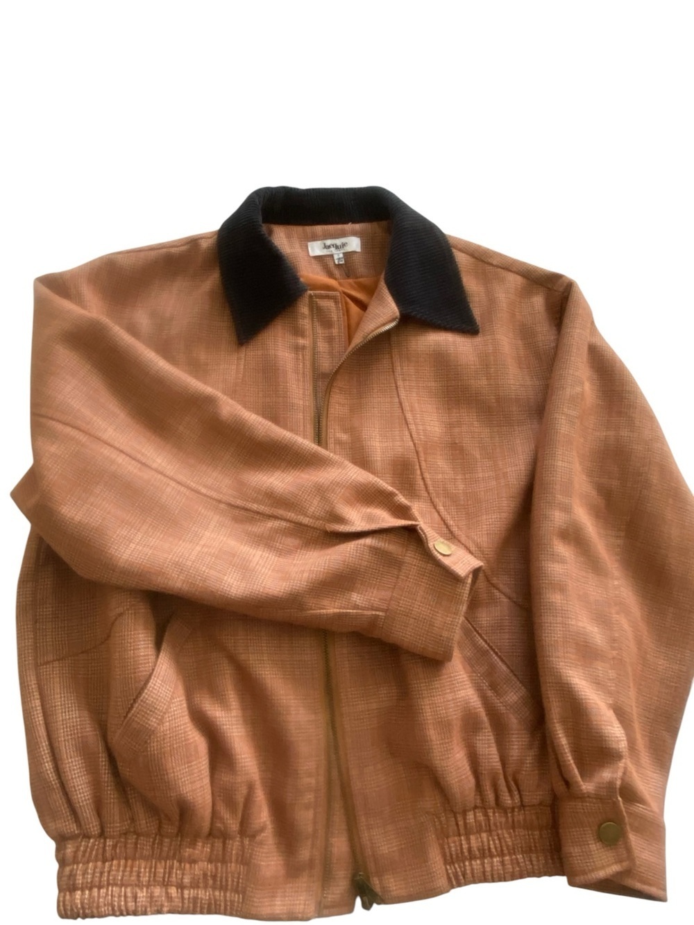 Jacqui E Tan Bomber Jacket with Black Collar